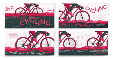 Vector typographic bicycle banners template set, with cyclist, grunge textures, and place for your texts.のイラスト素材