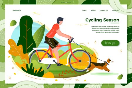 Vector illustration - man riding on bike with dog. Park, trees and hills on green background. Banner, site, poster template with place for your text.のイラスト素材