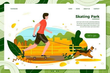 Vector illustration - man with dog skating in park. Forests, trees and hills on green background. Banner, site, poster template with place for your text.のイラスト素材