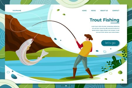 Vector illustration - fisherman on river catching trout. Forests, trees, mountains and hills on green background. Banner, site, poster template with place for your text.のイラスト素材