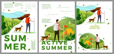 Vector summer hiking travel posters set - man and woman outdoors. Forests, trees and hills on background. Print template with place for your text.のイラスト素材