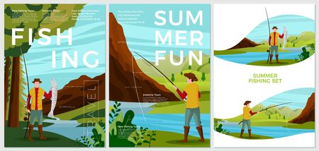 Vector summer fishing posters set - man with rod catching trout in river. Forests, trees and hills on background. Print template with place for your text.のイラスト素材