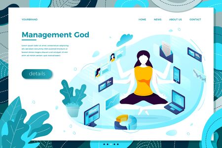 Vector illustration -  multitasking manager girl with six hands. Modern bright banner, site template with place for your text.のイラスト素材