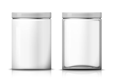Vector 3d realistic big transparent glass and plastic jars. Mock-up for product package branding.のイラスト素材