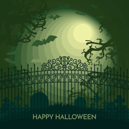 Haunted Happy Halloween vector banner with cemetery in full moon lightのイラスト素材