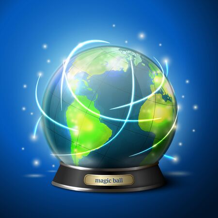 crystal ball with globe inside - predict your travel. Illustration isolated on bright background.のイラスト素材