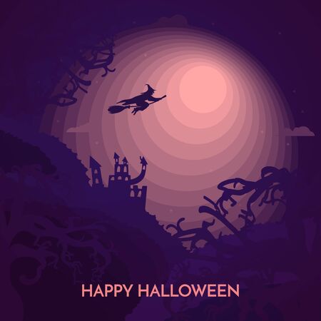 Haunted Happy Halloween banner with witch in full moon light. With place for your text.のイラスト素材