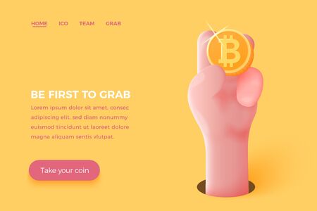 site banner concept - cartoon 3d realistic hand holding golden bitcoin, with place for your text and button.のイラスト素材