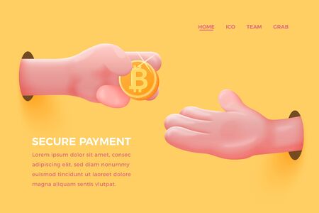 site banner concept - cartoon 3d realistic hand give golden bitcoin to other, with place for your text and button.のイラスト素材