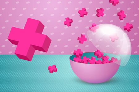 3D realistic colorful and transparent half cut ball, with little bright plus signs inside, on pink and blue modern background. Bonus illustration concept.のイラスト素材
