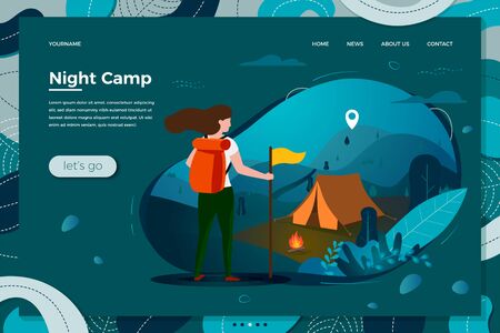 tourist girl with backpack, night summer camp, forests, trees and hills on dark background. Banner, site, poster template with place for your text.のイラスト素材