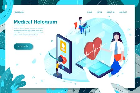 online health hologram help with assistant girl. Medicine modern bright banner, site template with place for your text.のイラスト素材