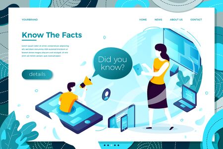 online interesting fact man help from mobile phone. Modern bright banner, site template with place for your text.のイラスト素材