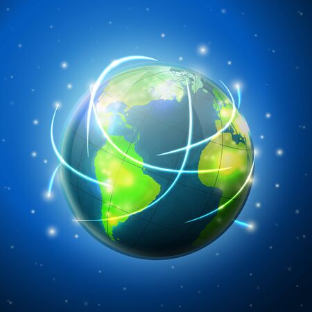 earth in deep space, with light flying around. On a blue background with stars.のイラスト素材