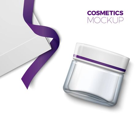 3d realistic transparent glass jar for moisturizing cream with white paper box and violet ribbon, isolated on white background with reflection. Mock-up for product package branding.のイラスト素材