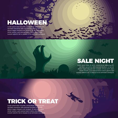 Set of Halloween banners - with bats, cemetery and zombie hand, tombstones, witch and castle.のイラスト素材