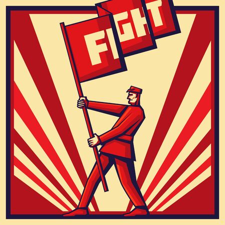 vintage revolution poster, with man holding the propaganda banner.のイラスト素材
