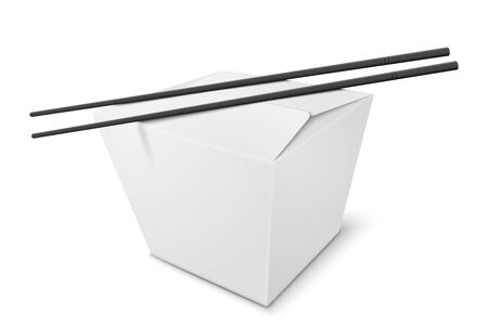 3d realistic box with chinese food and sticks on white background. Mock-up for product package branding.のイラスト素材