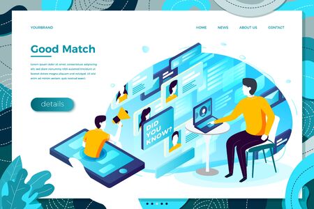 online dating app, man searching for match. Modern bright banner, site template with place for your text.のイラスト素材