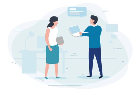man showing computer screen in office to woman.  Banner, poster template with place for your text.のイラスト素材