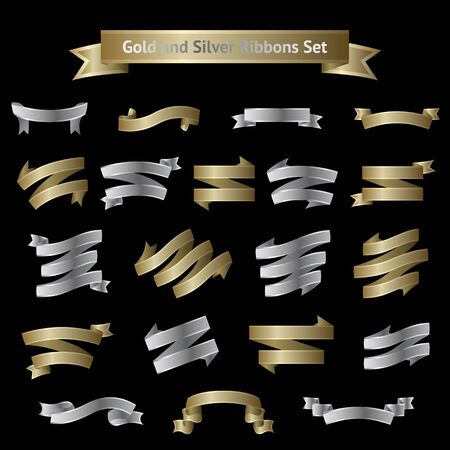 Vector big set of different shape golden and silver ribbons isolated on dark backgroundのイラスト素材