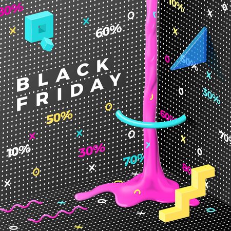 Vector dark abstract black friday memphis style banner with radiant liquid and geometric shapes. For Special Offer's etc.のイラスト素材