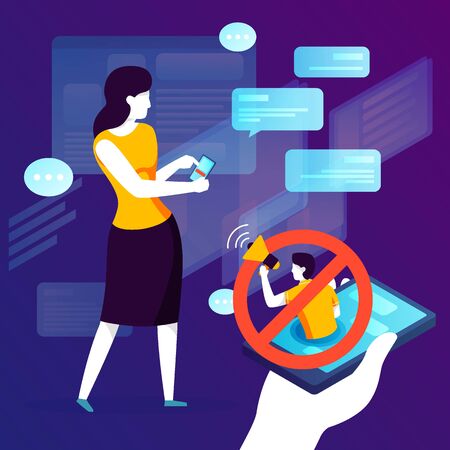 Vector concept illustration -  girl with mobile phone, blocking spam,. Modern bright banner template with place for your text.のイラスト素材