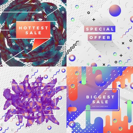 Set of vector bright abstract memphis style banners with radiant gradients, liquid and geometric shapes. Special Offer, Sales etcのイラスト素材