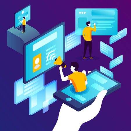 Vector concept illustration -  social network advertisement work process, new offering. Modern bright banner template with place for your text.のイラスト素材