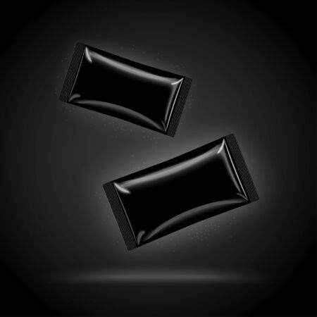 Vector 3d realistic luxury dark chocolate candies, isolated on black background. Mock-up for product package branding.のイラスト素材