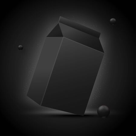 Vector 3d realistic luxury black milk box, isolated on dark background. Mock-up for product package branding.のイラスト素材