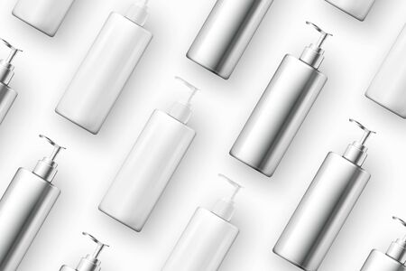 Vector template - realistic cosmetics plastic and metal shampoo bottles on table, mockup for your package design. Isolated on white backgroundのイラスト素材