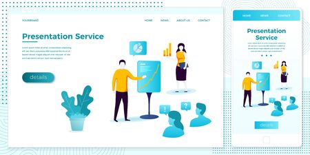 Vector cross platform illustration set, browser and mobile phone - man with presentation, meeting in office. Modern bright banner, site template with place for your text.のイラスト素材
