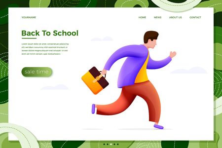 Vector illustration back to school concept - cartoon running boy with schoolbag, isolated on white background. Banner, site, poster template with place for your text.のイラスト素材