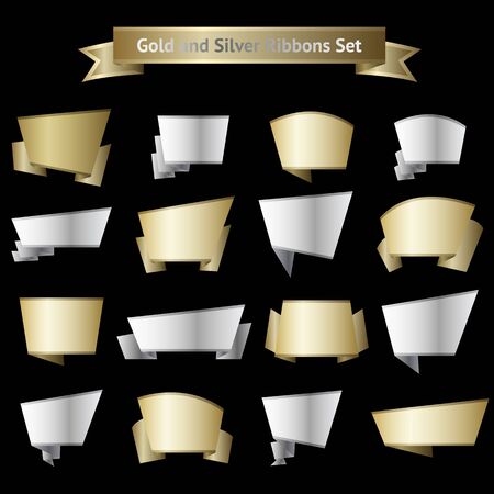 Vector big set of different shape golden and silver ribbons isolated on dark backgroundのイラスト素材