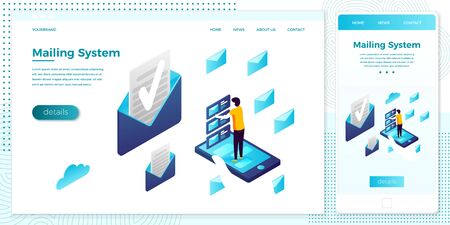 Vector cross platform illustration set, browser and mobile phone - mailing service, man holding open envelope. Modern bright banner, site template with place for your text.のイラスト素材