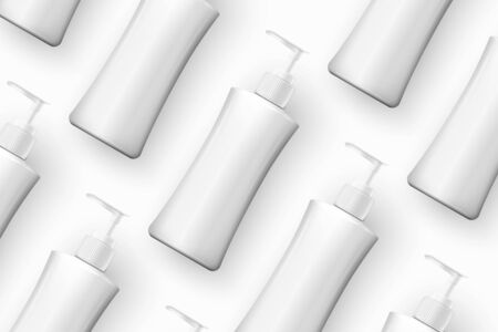 Vector template - realistic cosmetics shampoo bottles on table, mockup for your package designのイラスト素材
