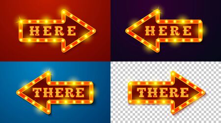 Vector realistic set of glowing signs with lamps, arrow on different backgrounds with words Here and There.のイラスト素材