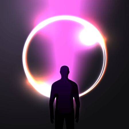 Vector banner, poster design template in futurism style, with bright beam and circle and man standing in front of it, adventure travel concept.のイラスト素材