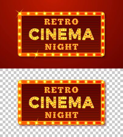 Vector realistic set of glowing retro Cinema night signs with lamps, transparent on different backgrounds.のイラスト素材