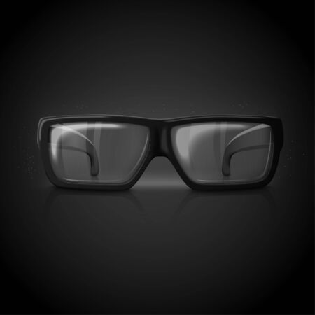 Vector 3d realistic luxury dark glasses, isolated on black background. Mock-up for product package branding.のイラスト素材