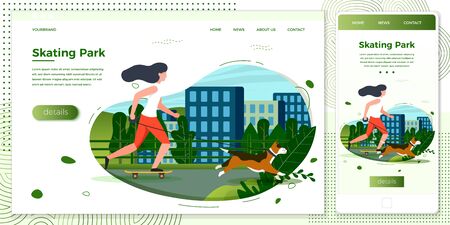 Vector cross platform illustration set, browser and mobile phone - girl with dog skating in city park. Town, trees and hills on green background. Banner, site, poster template with place for your textのイラスト素材