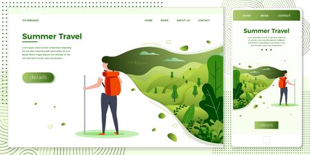 Vector cross platform illustration set, browser and mobile phone - tourist girl with backpack on summer travel, forests, trees and hills on green background. Banner, site, poster templateのイラスト素材
