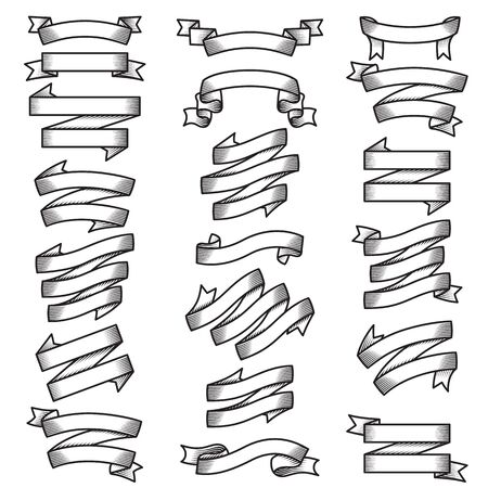 Vector set of different ribbons in handdrawn engraving style.のイラスト素材