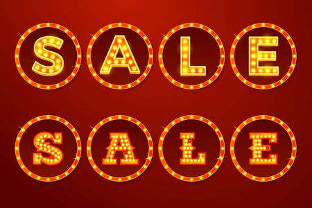 Vector realistic set of glowing SALE signs with lamps on red background.のイラスト素材