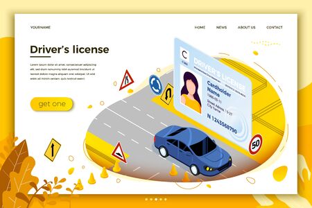 Vector concept illustration - Drivers license, car riding on a road with signs and cones. Modern bright banner, site template with place for your text.のイラスト素材