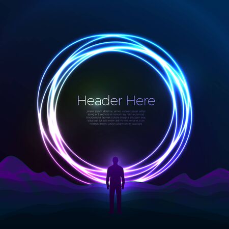Vector banner, poster design template in futurism style, with bright circle over the mountains. With a man standing in front of it, adventure travel concept.のイラスト素材