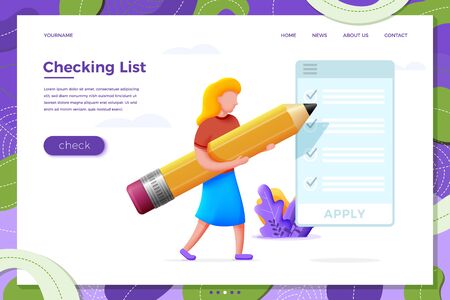 Vector illustration check list concept - cartoon girl with pencil and checklist, isolated on white background. Banner, site, poster template with place for your text.のイラスト素材