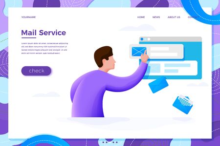 Vector illustration mail service concept - cartoon man on browser screen checking mailbox online, isolated on white background. Banner, site, poster template with place for your text.のイラスト素材