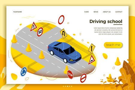 Vector concept illustration - Driving school, car riding on a road with signs and cones. Modern bright banner, site template with place for your text.のイラスト素材